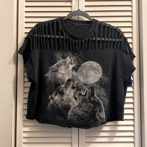 Hand-cut Vintage Wolf Print Crop Top Size L